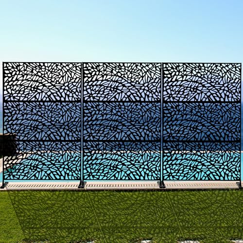 Kozyard Metal Privacy Screen 74" H x 47.2" W Decorative Outdoor Divider with Stand Panels Freestanding Screen Set for Deck Patio Balcony Garden Outdoor&Indoor(Black/Organic Fracture) - color: Black/Organic Fracture