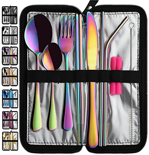 VANDBAO Camping Utensils Set, Portable Travel Utensils with Case for Fixing Tableware, Reusable Stainless Steel Stable Cutlery Set, Lunch Picnic Flatware Silverware (Rainbow Set) - color: Rainbow Set, size: 9 Pieces - Medium