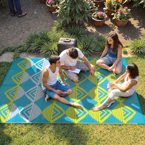 Lahome Waterproof Outdoor Patio Rug 9x12, Reversible Large Outdoor Area Rug for Patios, Camping Rugs for Beach RV Backyard Deck Picnic Trailer (Blue/Yellow, 9' x 12') - color: Blue/Yellow/Checkered, size: 9'x12'