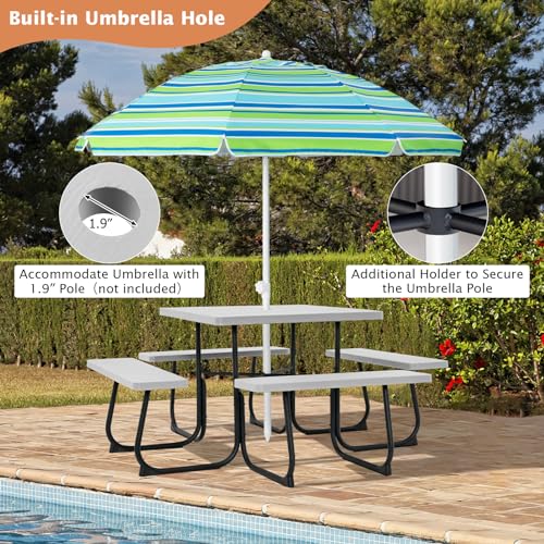 Giantex Picnic Table Bench Set for Up to 8 Persons, Square Outdoor Table and Bench with Umbrella Hole, HDPE Top & Metal Frame, 2000LBS Capacity, Patio Table Bench Set for Deck Backyard Garden, Gray - color: Grey, size: Square-35"x35"x30"