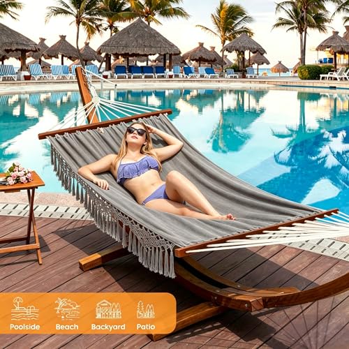 Lazy Daze Hammocks 2 Person Cotton Fabric Hammock with Spreader Bars and 10.5 FT Wood Arc Hammock Stand, Double Hammock with Wood Stand, for Outdoor, Indoor, Patio, Backyard, Dark Gray - color: Dark Gray