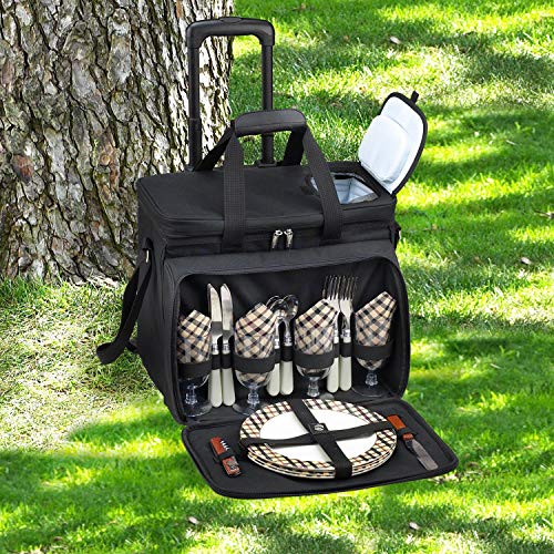 Picnic at Ascot Original Insulated Picnic Cooler with Service for 4 on Wheels-Designed & Assembled in the USA - color: London Plaid