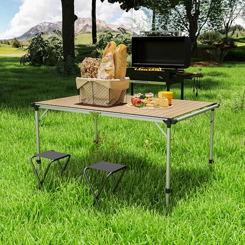 Outsunny Folding Camping Table, Adjustable Height Aluminum Table, Portable Camping Table for Picnic, Beach, BBQ, Light Brown