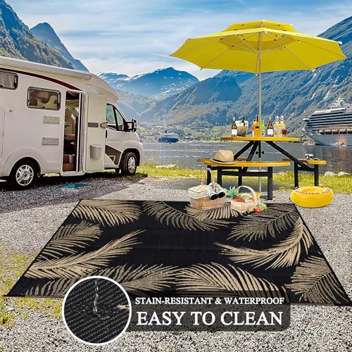 Pauwer Waterproof Outdoor Rug 6x9, Reversible Plastic Straw Patio Camping Rug, Indoor Outdoor RV Mat Carpet for Deck, Camper, Porch, Balcony, Backyard, Picnic, Leaf Black Brown - color: Leaf Black Brown, size: 6' x 9' (Rectangular)