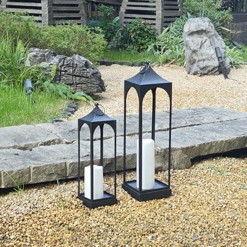 LED Lanterns Decorative Outdoor&Indoor, 23'' 16‘’ Large Black Lanterns Set with 2 Flameless Candles, Metal Holders for Porch, Patio, Garden, Home, Fireplace, Spring Decorations Decor - color: 23‘’ + 16‘’ / Timer