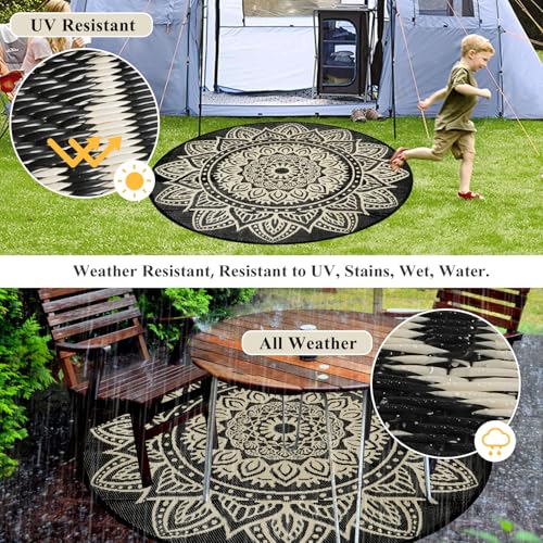 famibay 6 Ft Round Outdoor Rug, Boho Round Patio Rug Waterproof, Outdoor Plastic Straw Rug Camping Rug RV Rugs for Outside Lightweight Portable Reversible Outdoor Carpet for Patio Backyard Porch - color: Black Camel, size: Round 6ft