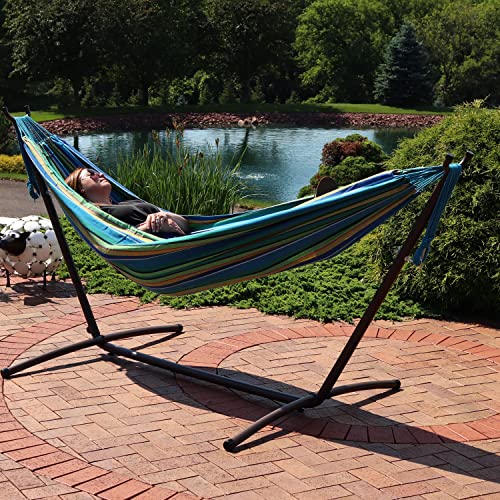 Sunnydaze Double Brazilian Hammock with Stand and Carrying Case - 400-Pound Capacity - Black Stand - Sea Grass - color: Sea Grass