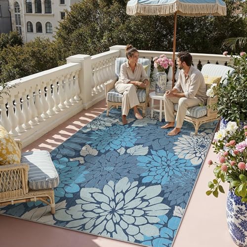 HUGEAR Floral Textured Weave Indoor Outdoor Area Rug 5X8 Washable High Traffic Stain Resistant Non Slip Durable Carpet for Livingroom Patio Deck Balcony Courtyard (Blue, 5' x 8') - color: Multi Floral / Blue, size: 5'x8' (Rectangular)