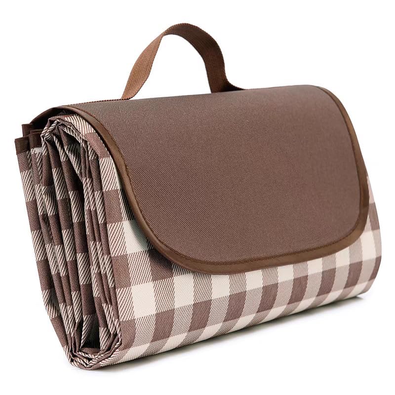 Wind Tour Waterproof Picnic Blanket with Carry Strap - Foldable Sandproof Outdoor Mat for Camping, Beach, Park - 59" x 71",Coffee Grid (Single Mat) - color: 59” X 71“,coffee Grid (Single Mat)