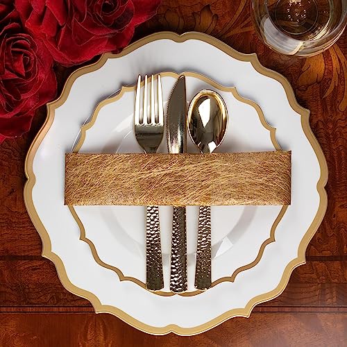 PLASTICPRO 32 Pack Elegant Disposable Plastic Plates Combo Set Includes 16 Dinner Plates and 16 Salad Plates Heavy Duty Fancy Party Plates White & Gold Contemporary Design - color: White & Gold Contemporary