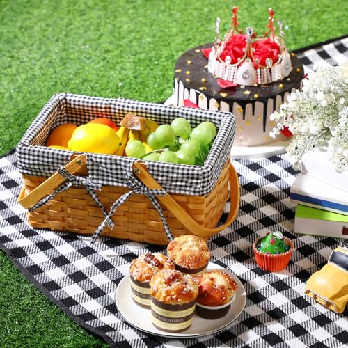 Patelai Wicker Picnic Basket Natural Hand Woven Basket with Double Folding Handles, Willow Hamper Baskets with Blanket for Outdoor Picnic Summer Spring Camp Family(Black and White Grid) - color: Black and White Grid