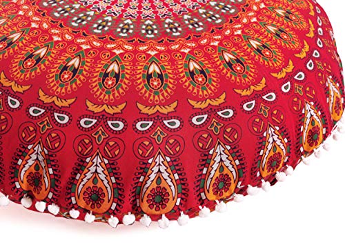 Popular Handicrafts Floor Pillow Cushion Cover - Hippie Mandala Cushion Cover Large with Pom Poms Soft Particles - Pouf Cover Round Bohemian Yoga Decor, 32" Red - color: Red, size: 32" x 32" (Pack of 1)