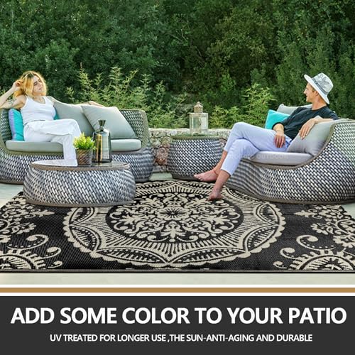 Capslpad 5x8 Outdoor Rug Waterproof Camel Boho Floral Patio Carpet Portable Plastic Straw Rug Foldable Outside Carpet with Carry Bag for RV Backyard Balcony Bench Picnic Porch - color: Black&brown, size: 5' x 8' (Rectangular)