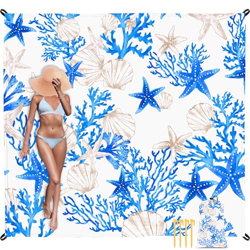Beach Blanket Waterproof Sandproof, 110''×118'' Extra Large Blue Beach Mat for 1-8 Adults, Lightweight & Compact Sand Free Outdoor Beach Essentials for Picnic, Camping, Travel - color: Blue Starfish, size: 9x10 FT (1～8 person)