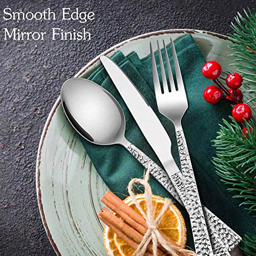 E-far Hammered Silverware Set, 40-Piece Stainless Steel Square Flatware Set for 8, Metal Tableware Cutlery Set Includes Dinner Knives/Forks/Spoons, Modern Design & Mirror Polished - Dishwasher Safe - size: 40-Piece for 8