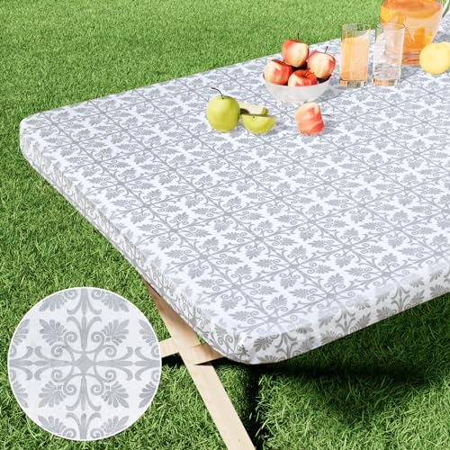 misaya Rectangle Vinyl Table Cloth, Elastic Fitted Flannel Backed Tablecloth, Waterproof Plastic Table Cover Fits 5 Foot Folding Tables for Picnic, Camping, Outdoor (Silver Grey, 30" x 60") - color: Silver Grey, size: 60" x 30" (Rectangular)