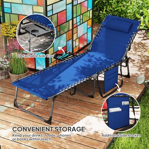 Outsunny Folding Chaise Lounge Chair Outdoor Tanning Chair with Side Table, 5-Level Adjustable Beach Lounge Chair with Headrest, Side Pocket for Patio, Backyard, Beach, Poolside, Dark Blue - color: Dark Blue