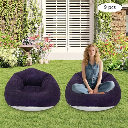 9-Pack Inflatable Sofa Set with 2 Foot Pumps – Portable Air Lounger Chairs for Adults, Heavy Duty Flocking Fabric Camping Couch, Indoor/Outdoor Use, Supports 265 lbs (Dark Blue) - color: Dark Blue