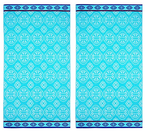 COTTON CRAFT Oversized XL Beach Towel 39 x 68-2 Pack - 100% Cotton Velour - Big & Huge - Pool Picnic Bath Towels - Jacquard Terry Thick Plush Super Soft Luxury - 450 GSM - Summer Trellis Pool Blue - color: Summer Trellis Pool Blue, size: 2 Pack - 39x68