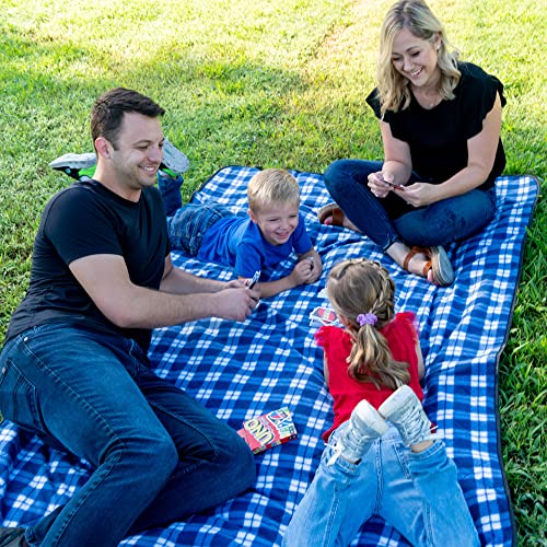 BRAWNTIDE Large Outdoor Waterproof Blanket - Extra Thick Fleece, Warm, Windproof, Sandproof, Quilted, 82" x 55", Ideal for Beaches, Picnics, Camping, Stadiums, Dogs, Car - color: Plaid Blue