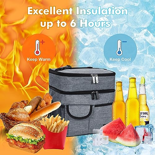 Tirrinia Large Insulated Lunch Box for Women Men, Double-Layer Leak-Proof Reusable Lunch Bag with 4 Pockets for Adult, Lunch Bag Cooler Tote for Office Work and Travel,Carbonarius - color: Charcoal, size: Large Double Layer-17L