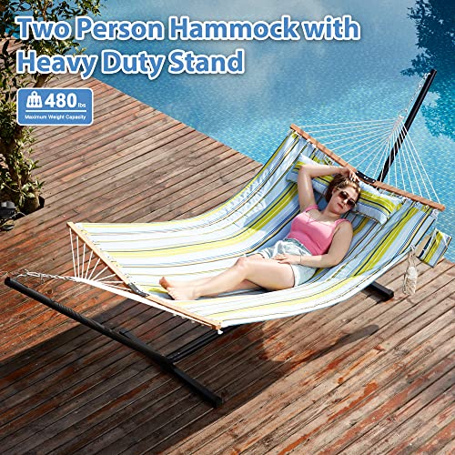 Homgava Two Person Hammock with Stand for Outside Heavy Duty, Outdoor Patio Hammock with Portable Steel Stand, Large Double Hammocks,480lbs Capacity.(Light Blue Stripes) - color: Light Blue Stripes