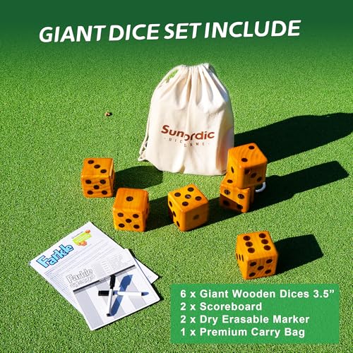 SunNordic Giant Dice Yard Game – 6 Large Wooden Outdoor Dice Set with Scoreboard & Portable Collapsible Bucket – Classic Backyard Lawn Game for Adults, Kids & Family