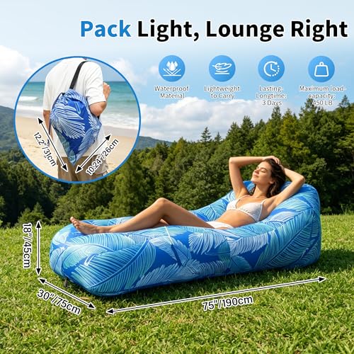 Inflatable Couch,Air Sofa with Sun-Shade Design,Built-in Storage,Ripstop Polyester&Stability Pegs,Portable Air Lounger for Beach,Camping,Easy to Carry,2Inflation Ways(Included Pump)Blue Feather - color: Blue Feather