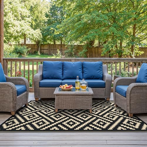 sarben Outdoor Rug for Patio - Waterproof Plastic Straw Camping Rugs 5x8 ft, Reversible Outdoor Indoor RV Mat Carpet for Patio, Porch, Deck, Balcony, Picnic, Beach, Black Beige - color: Black&beige, size: 5' x 8' (Rectangular)
