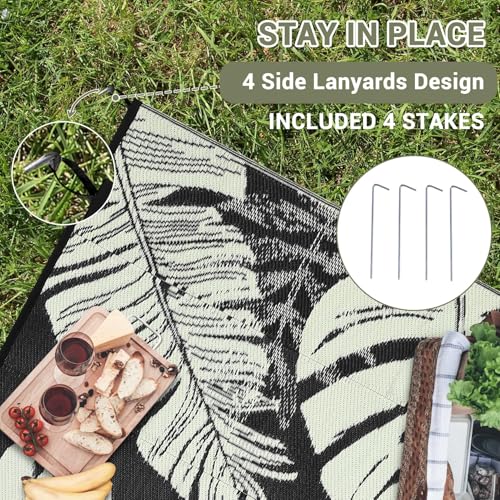 Waterproof Outdoor Patio Rug 8x10 ft, Reversible Plastic Straw Area Rug, Camping Rug Carpet, Portable Outdoor Area Rug, for RV, Camper, Deck, Balcony, Porch, Beach, Picnic - Black and Rice - color: Black & Beige, size: 10' x 8' (Rectangular)