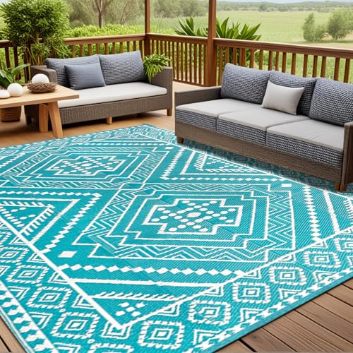 Waterproof Outdoor Rug 8x10 ft, Reversible Plastic Straw Mat, Large Floor Mat for Patio, Camping, Picnic, Backyard RV, Deck, Teal - color: Teal, size: 8' x 10'
