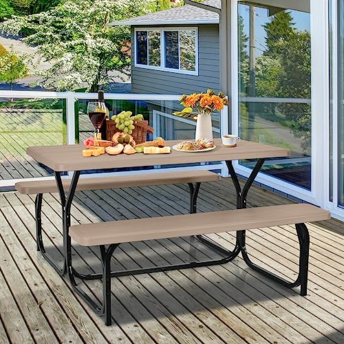 Moccha Picnic Table Bench Set, Portable Plastic Picnic Table w/Steel Frame & Wood-Like Texture, All Weather Heavy Duty Picnic Table Kit, Picnic Tables for Outdoors Garden Patio Dining (Light Brown) - color: Light Brown