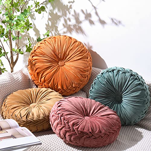 Kathfly Set of 4 Decorative Round Pleated Throw Pillows, Classy Velvet Pumpkin Round Throw Pillows, Decorative Floor Pillow for Bed Chair Home Sofa Decor, 14" Diameter(Colorful) - color: Colorful