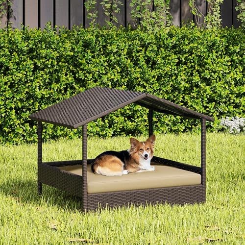 Yaheetech Wicker Dog House Outdoor Indoor with Canopy, Elevated Dog Shelter Dog Bed with Cushion for Small/Medium Dogs, Shade for Deck, Patio, Yard, Pool Brown House, Khaki Cushion