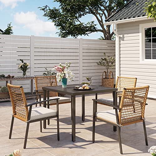 LAUSAINT HOME 5 Pieces Outdoor Patio Dining Set, Wicker Patio Furniture Set of 4 Chairs with Soft Cushion and Square Table with Umbrella Hole, Conversation Set for Backyard, Garden and Poolside - color: Pe Rattan Black Standard Chairs, size: 5-Piece