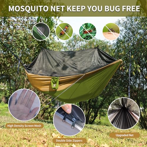 Camping Hammock with Net,Travel Portable Lightweight Hammocks with Tree Straps and Solid D-Shape Carabiners,Parachute Nylon Hammock for Outsides Backpacking Beach Backyard Patio Hiking - color: Green & Khaki, size: Large