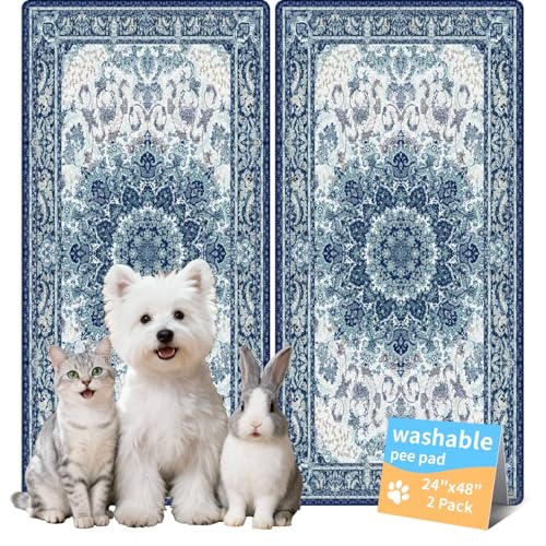 Washable Pee Pads for Dogs, Reusable Puppy Potty Training Pads, Ultra-Absorbent Thick Waterproof Leak-Proof Non-Slip Pads & Mat for Crate, Playpen, Floor, Whelping & Housebreaking , 2 Pack 24"x48" - color: Blue/Multi, size: 24" ×48"(pack of 2)