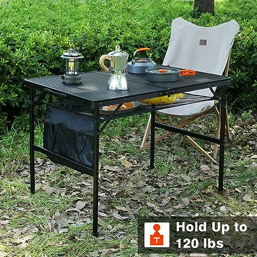 JOUYEK Folding Grill Table, 3x2 FT Portable Camping Table, Height Adjustable Metal Tables with Mesh Desktop and Mesh Bag, Outdoor Furniture for Camping, Picnic, Beach and BBQ, Black - style: 3x2 FT