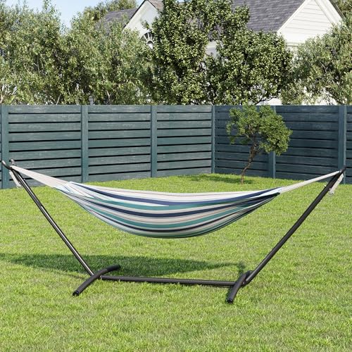 Garvee Double Hammock with Foldable Steel Stand and Carry Bag – Indoor/Outdoor Standing Hammock, 450 LBS Capacity, for Garden, Camping, Beach (Ocean) - color: Ocean