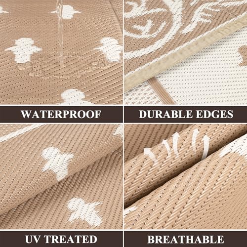 Pauwer Waterproof Outdoor Rug 6x9, Reversible Plastic Straw Patio Camping Rug, Indoor Outdoor RV Mat Carpet for Deck, Camper, Porch, Balcony, Backyard, Picnic, Bordered Beige - color: Bordered Beige, size: 6' x 9' (Rectangular)