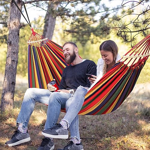 Chihee Cotton Hammock Holds Up to 660lbs Fabric Hammock 8.9x4.9ft Soft Portable Tree Hammocks Camping with Detachable Spreader Bar Pillow 2 Strong Webbings 2 Carabiners Indoor Outdoor Backyard Garden - color: Red Stripes, size: 270x150cm