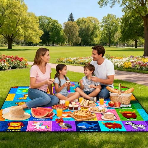Poedist Extra Large Picnic Blanket Waterproof,80"x 80"Foldable Machine Washable Beach Blanket,Outdoor Blanket for 6-8 Adults, for Indoor Crawling,Park Beach,Camping,Hiking,Family Travel(Animal - color: Blue-animal, size: 6'8" x 6'8" (Square)