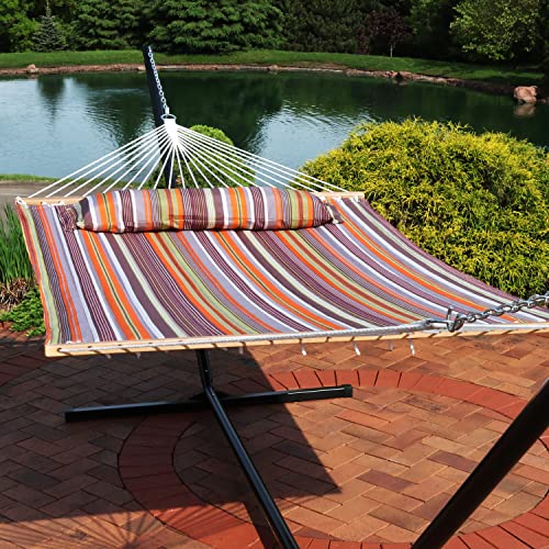 Sunnydaze Quilted Double Hammock for Outside with Spreader Bars and Pillow - 450 lb Capacity, 74x55 Inch Bed, UV Resistant, Quick Dry - Chains Included, Stand Sold Separately - Canyon Sunset - color: Canyon Sunset