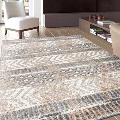 Rugshop Distressed Geometric Indoor/Outdoor Beige Area Rug Modern Tribal Stripe, Durable Stain Resistant Perfect for Patio, Backyard, Deck and Outdoor Lounge 7'10" x 10' - size: 7'10" x 10' (Rectangular)