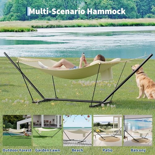 Double Hammock with Stand - Heavy Duty Portable 2 Person Design with Adjustable Steel Stand, Max 450LBS, Ideal for Outdoor Patio, Garden, Beach & Backyard - color: L-beige