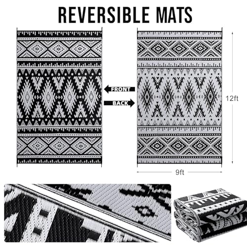 OLANLY Outdoor Rug Waterproof 9x12 ft, Reversible Outdoor Plastic Straw Rug, Boho Patio Rug, Indoor Outdoor Carpet, RV Mat Outside for Patio, Camp, Picnic, Balcony, Deck, Backyard, Black & White - color: Black & White, size: 9' X 12' (Rectangular)