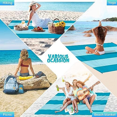 Beach Blanket Waterproof Sandproof 1-7 Adult Oversized 78 '' × 110 '' Lightweight Durable Compact Sand Free Extra Large Beach Mat for Travel Camping Hiking Picnic Blanket - color: 2cyan, size: 78“x110”