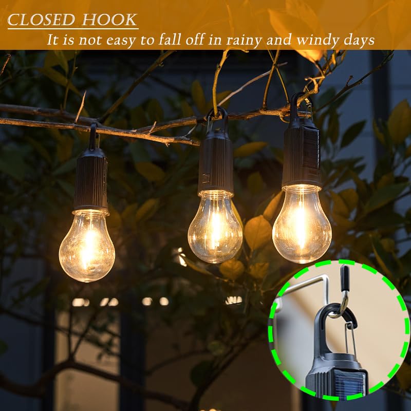 Solar Camping Lights Hanging Hooked Tent Lantern Outdoor USB Rechargeable Bulb Lamp with Clip Hook Keychain 3 Lighting Modes for Christmas Decorations Hiking Backpacking Warm Light 2 Pack