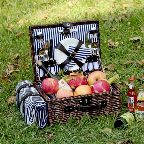 Picnic Basket Set for 4 with Waterproof Blanket Mat Insulation Bag Wicker Navy Blue Vintage Classic Gift for Christmas Thanksgiving Wedding Birthday Camp Outdoor Beach Travel - color: Blue and White Stripes