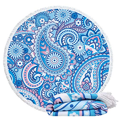 Violet Mist Blue Paisley Round Beach Blanket 60" Soft Microfibre Circular Beach Towel Throw with Fringe Large Sand Free Circle Beach Blanket with Tassels for Women Travel Swimming Pool Picnic Towel - color: Blue Paisley